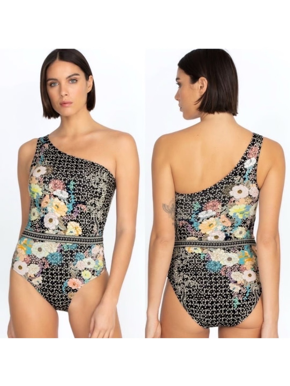 Johnny Was California Mila One Shoulder Swimsuit Black Floral Size L, NWOT, $218